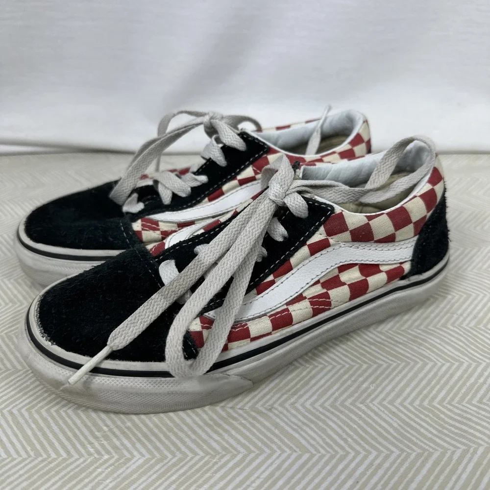 VANS Old‎ Skool Checkerboard Sneakers Kids 1 Skate Shoes Red/White/Black